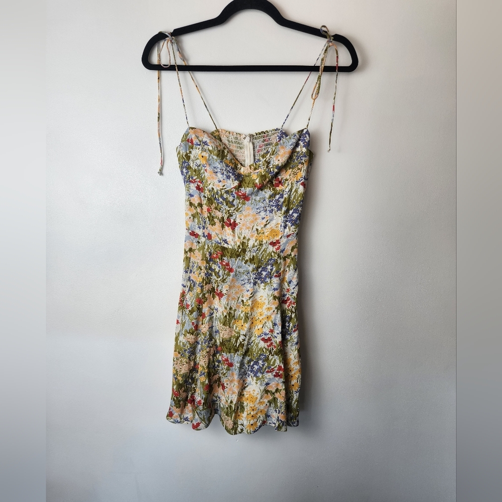 Reformation Floral Mini Dress in Green, Yellow, Blue, Red